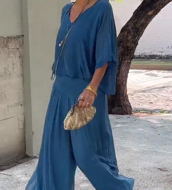 Larisa – Chic Poletni Komplet z Ohlapnimi Hlačami