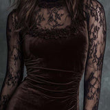Mini plisirana obleka iz čokoladnega gothic čipkastega žameta