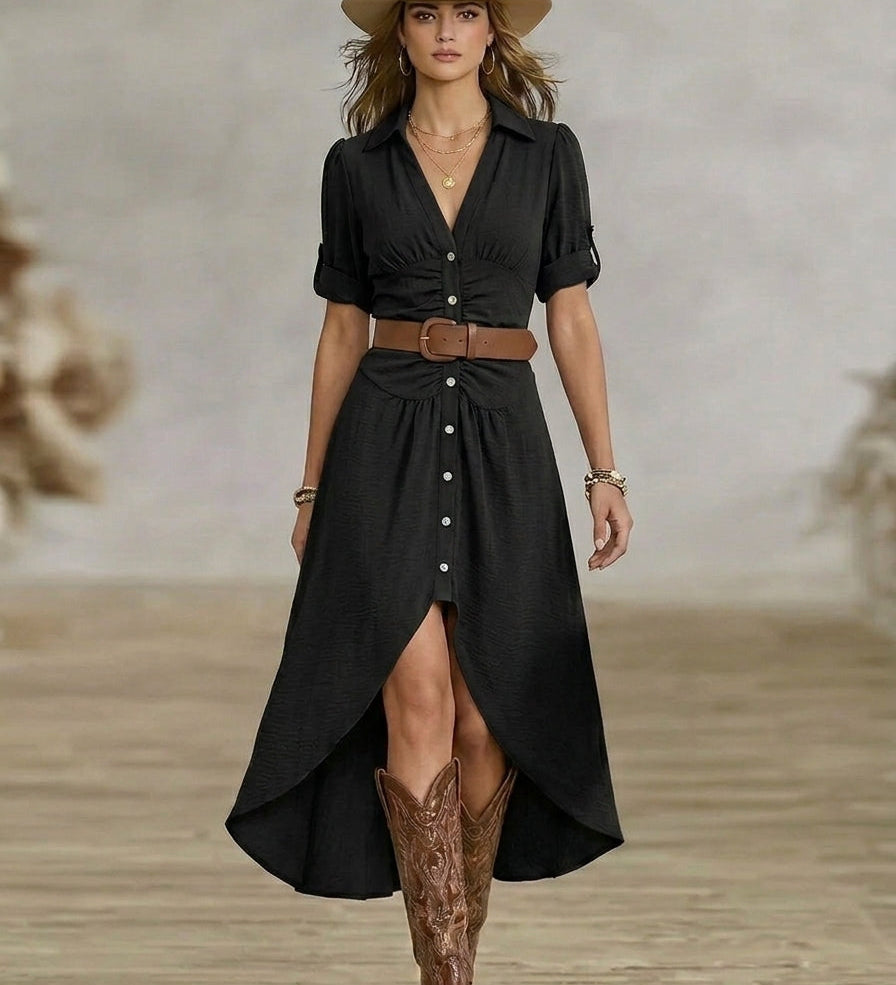 Sânziana – Maxi obleka v stilu Western-Boho z pasom in sprednjimi gumbi