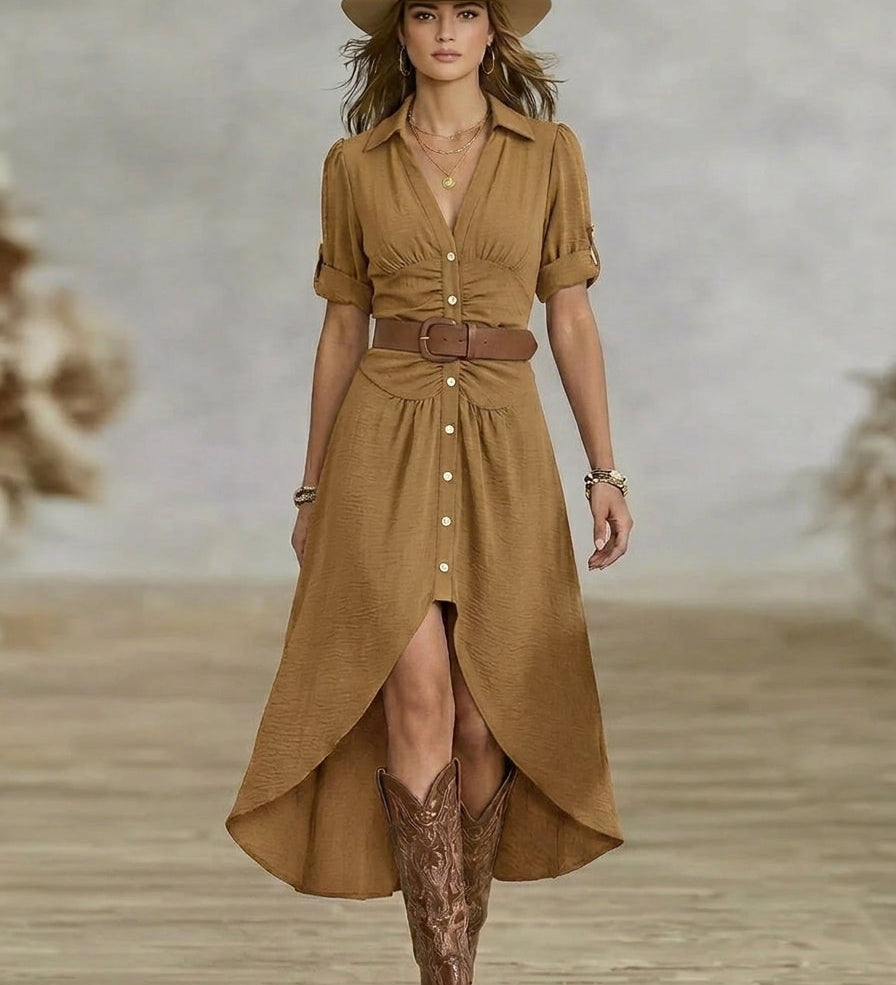Sânziana – Maxi obleka v stilu Western-Boho z pasom in sprednjimi gumbi
