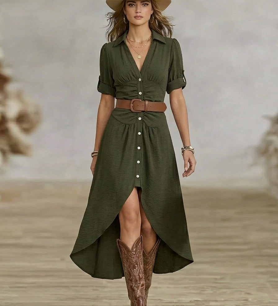 Sânziana – Maxi obleka v stilu Western-Boho z pasom in sprednjimi gumbi