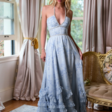 Cosmina – Maxi obleka s halterneck topom in plastificirano krilo